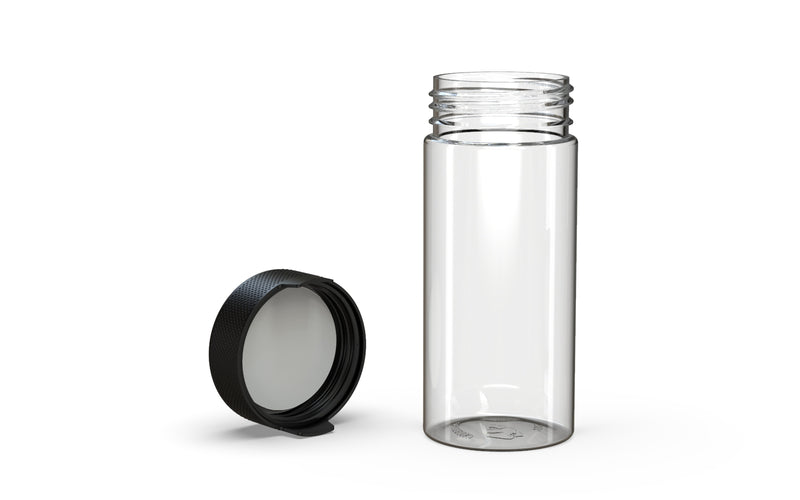 240CC/8FL.OZ/240ML Aviator CR - Container With Inner Seal & Tamper - Clear Natural With Opaque Black Lid - Copackr.com