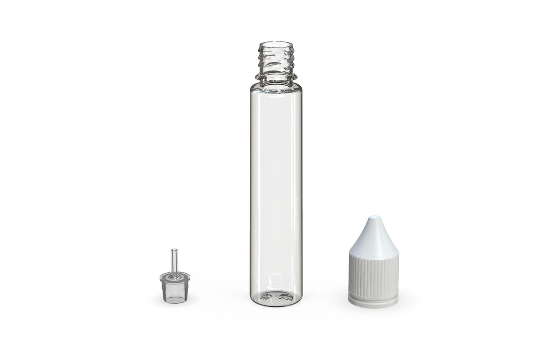 Chubby Gorilla Unicorn 30ml bottle, clear natural with opaque white cap, multiple units