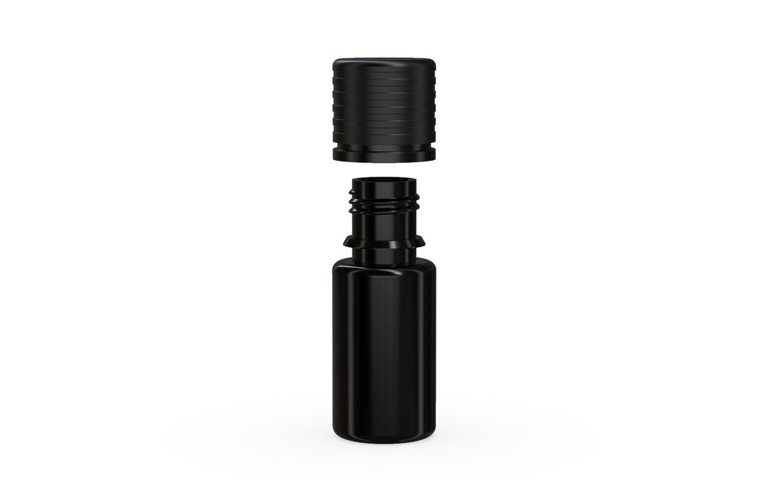 Chubby Gorilla Spiral CR 10ML unicorn bottle, opaque black bottle with opaque black child-resistant cap, cap detail