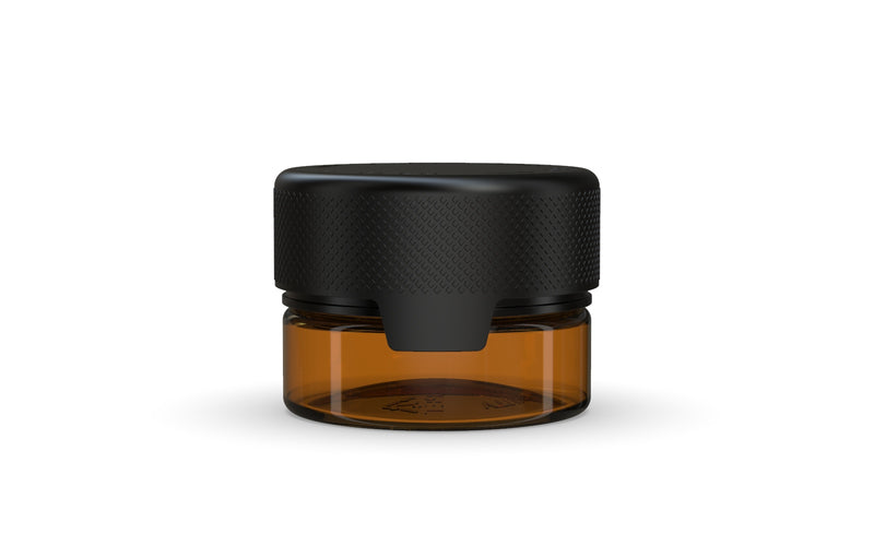 30CC/1FL.OZ/30ML Aviator CR - Container With Inner Seal & Tamper - Translucent Amber With Opaque Black Lid - Copackr.com