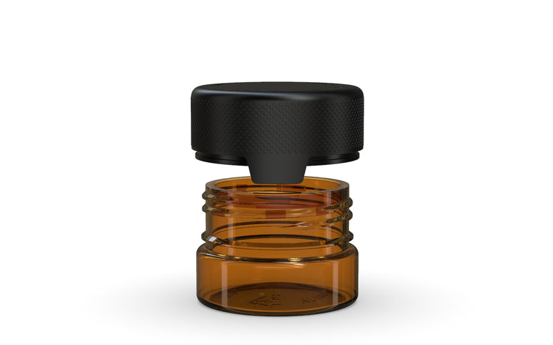 30CC/1FL.OZ/30ML Aviator CR - Container With Inner Seal & Tamper - Translucent Amber With Opaque Black Lid - Copackr.com