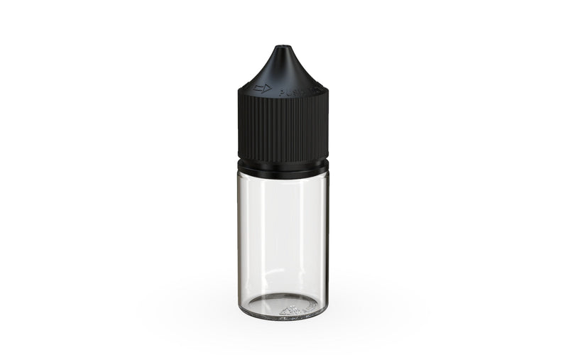 Chubby Gorilla - 30ML Stubby Unicorn Bottle - Clear Bottle / Black Cap - V3 - With Reducer Tip - Copackr.com