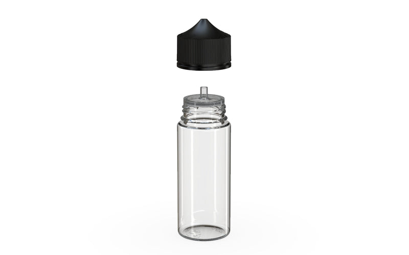 Chubby Gorilla - 120ML Unicorn Bottle - Clear Bottle / Black Cap - V3 - With Reducer Tip - Copackr.com