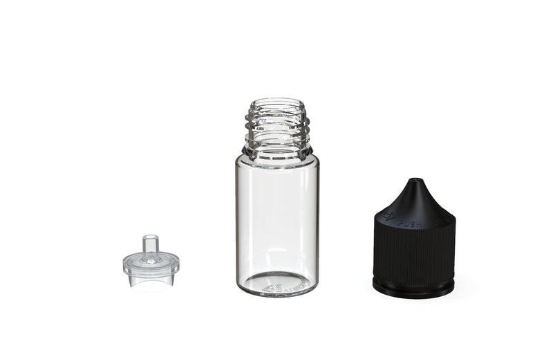 Chubby Gorilla - 30ML Stubby Unicorn Bottle - Clear Bottle / Black Cap - V3 - With Reducer Tip - Copackr.com