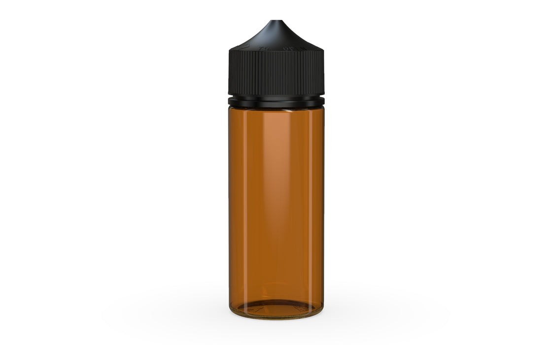 Chubby Gorilla Unicorn 120ml bottle, translucent amber with opaque black cap, front view