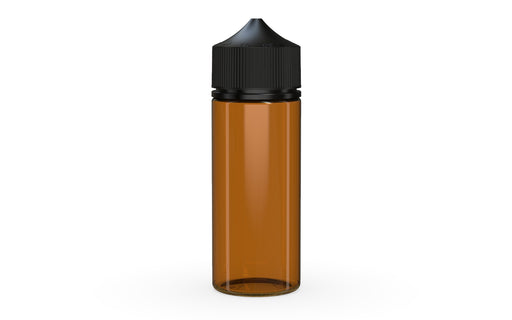 Chubby Gorilla Unicorn 120ml bottle, translucent amber with opaque black cap, front view