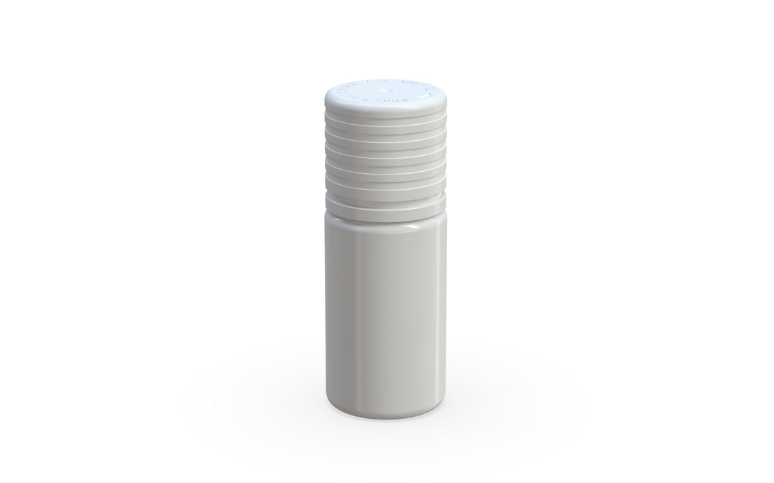 Chubby Gorilla Spiral CR 10ML unicorn bottle, opaque white bottle with opaque white child-resistant cap, side view