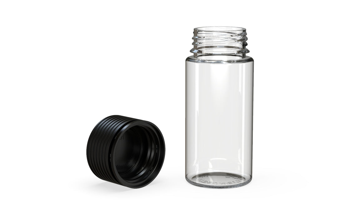 Chubby Gorilla Spiral CR 100ML bottle, clear natural with opaque black cap, group shot