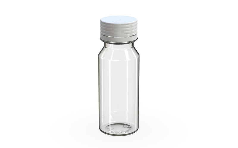 Spiral CR Shot Bottle 60ml Clear Natural with Opaque White Cap, side view