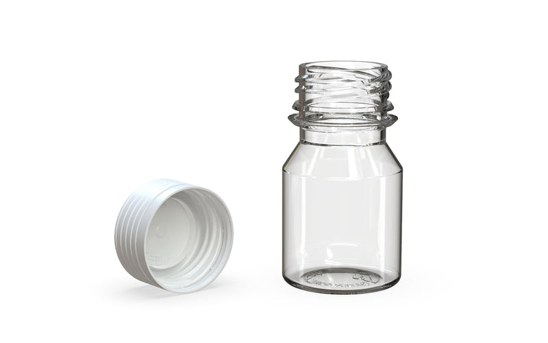 Spiral CR Shot Bottle 30ml Clear Natural with Opaque White Cap, multiple units