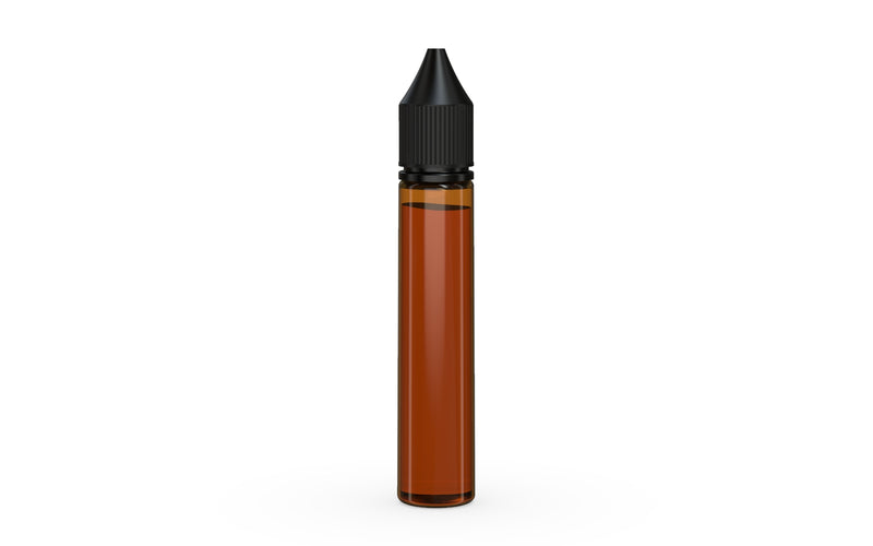 Chubby Gorilla Unicorn 30ml bottle, translucent amber with opaque black cap, side view