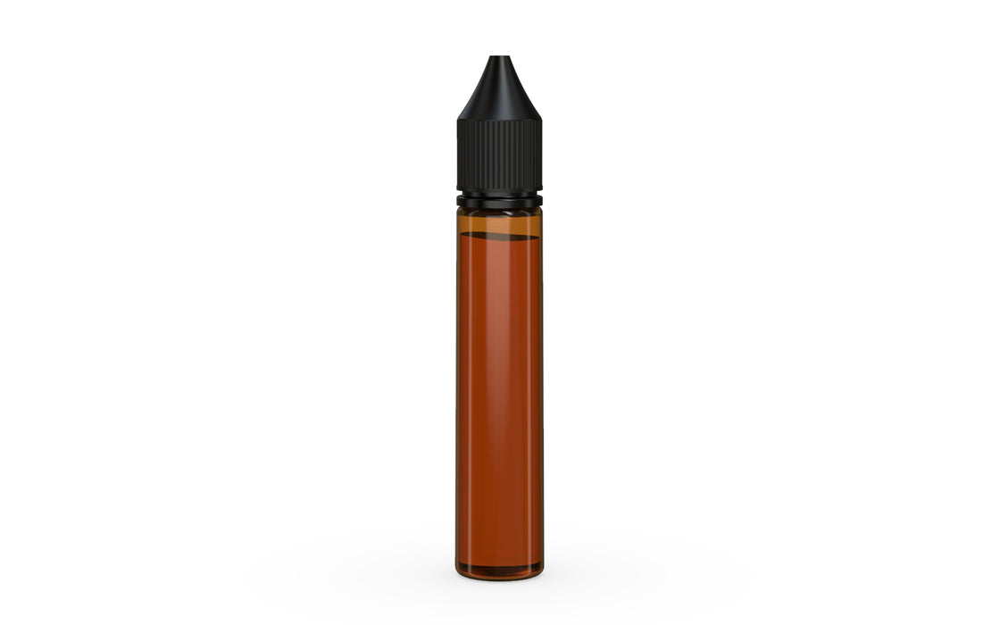Chubby Gorilla Unicorn 30ml bottle, translucent amber with opaque black cap, side view