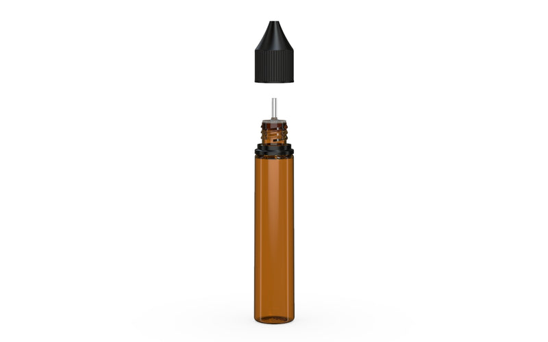 Chubby Gorilla Unicorn 30ml bottle, translucent amber with opaque black cap, cap detail