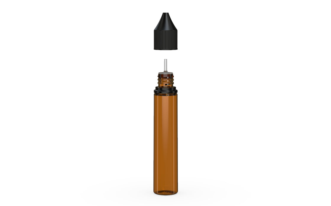 Chubby Gorilla Unicorn 30ml bottle, translucent amber with opaque black cap, cap detail