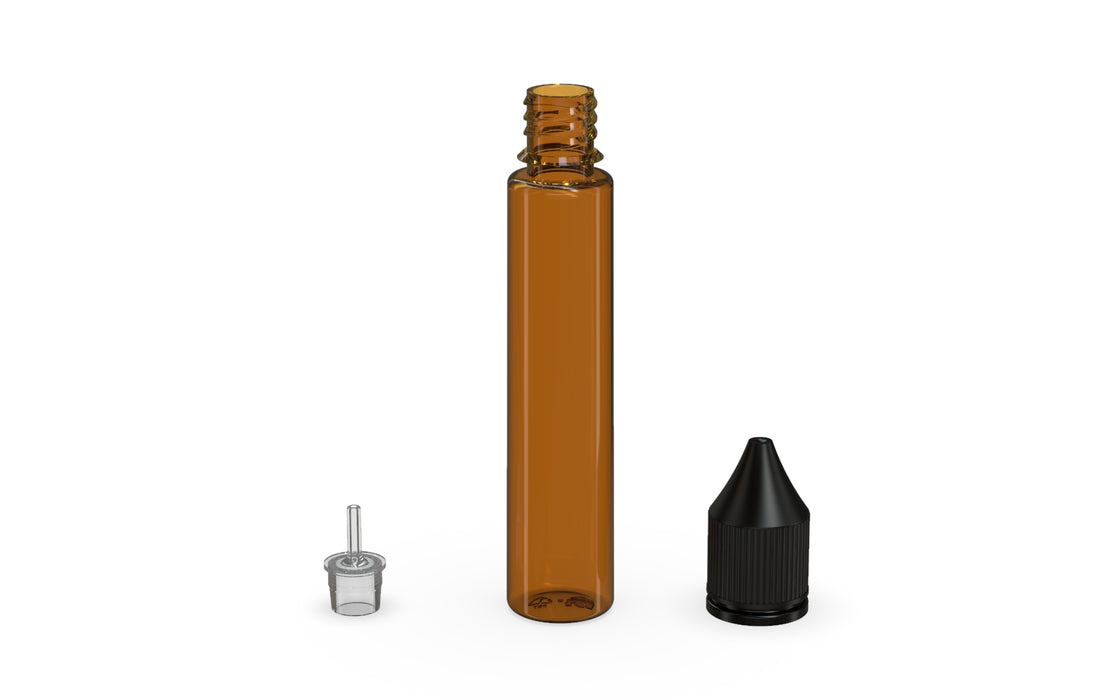 Chubby Gorilla Unicorn 30ml bottle, translucent amber with opaque black cap, multiple units