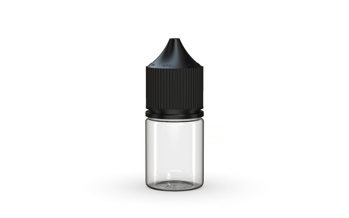 Chubby Gorilla Unicorn 20ml Stubby bottle, clear natural with opaque black cap, front view