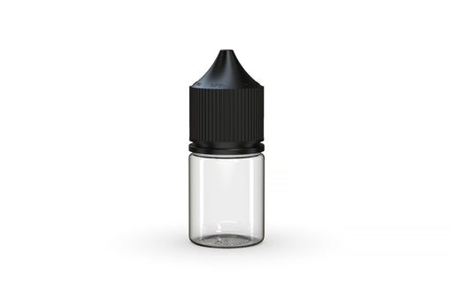 Chubby Gorilla Unicorn 20ml Stubby bottle, clear natural with opaque black cap, front view
