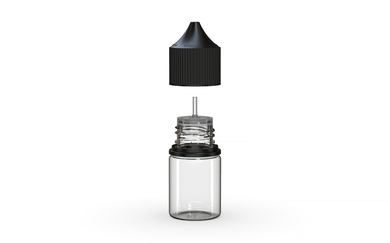Chubby Gorilla Unicorn 20ml Stubby bottle, clear natural with opaque black cap, side view