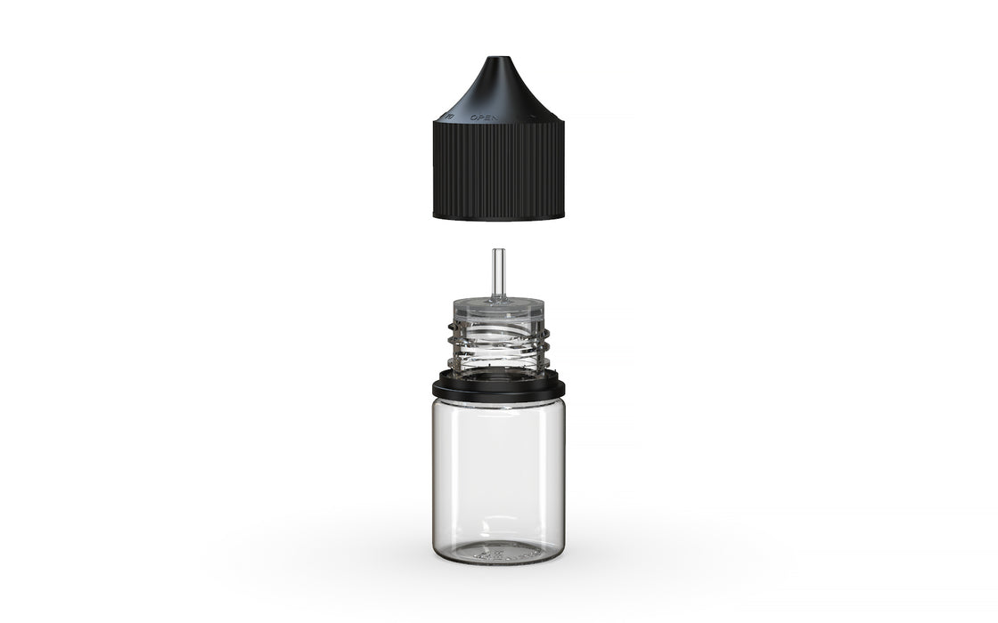 Chubby Gorilla Unicorn 20ml Stubby bottle, clear natural with opaque black cap, side view
