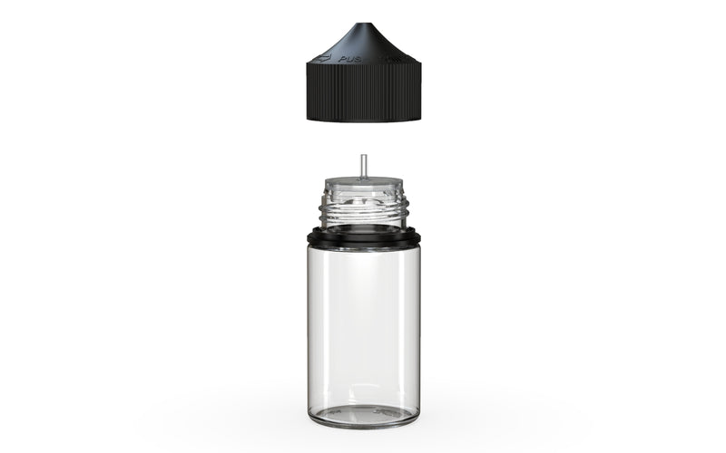 Chubby Gorilla Unicorn 60ml Mini bottle, clear natural with opaque black cap, side view