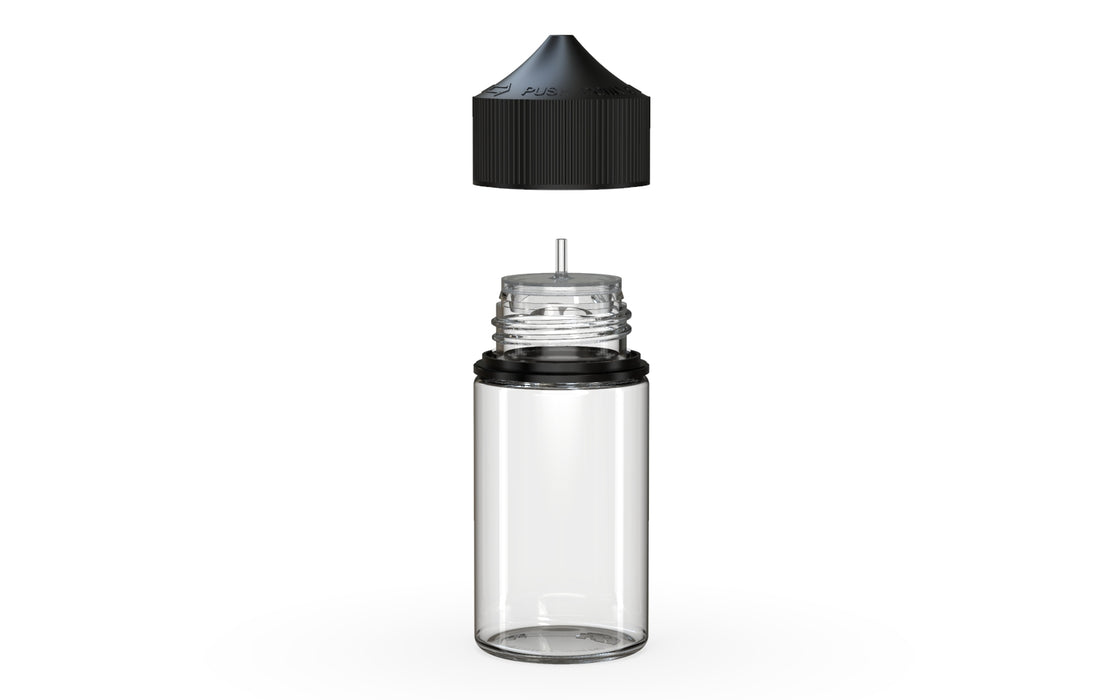 Chubby Gorilla Unicorn 60ml Mini bottle, clear natural with opaque black cap, side view