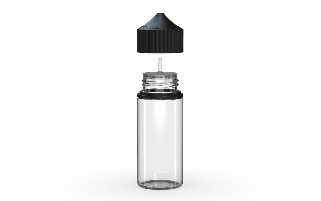 Chubby Gorilla Unicorn 75ml Mini bottle, clear natural with opaque black cap, side view