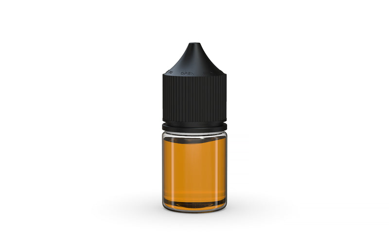 Chubby Gorilla Unicorn 20ml Stubby bottle, clear natural with opaque black cap, cap detail