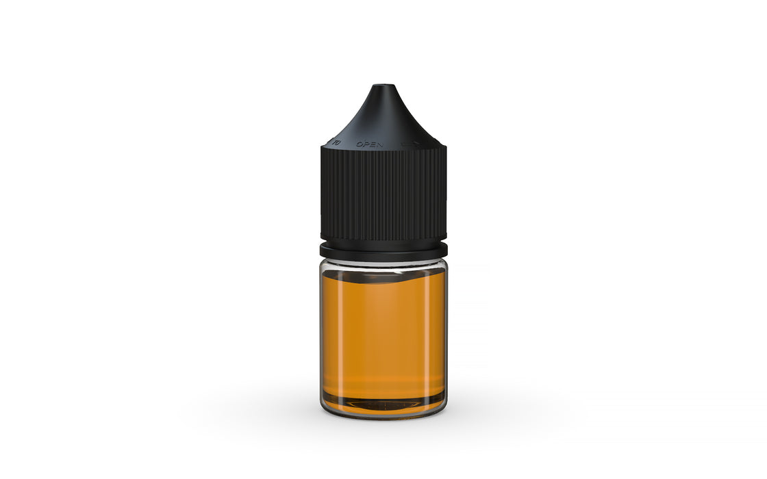 Chubby Gorilla Unicorn 20ml Stubby bottle, clear natural with opaque black cap, cap detail