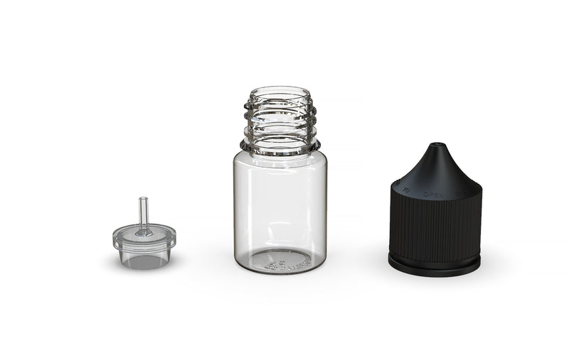 Chubby Gorilla Unicorn 20ml Stubby bottle, clear natural with opaque black cap, multiple units