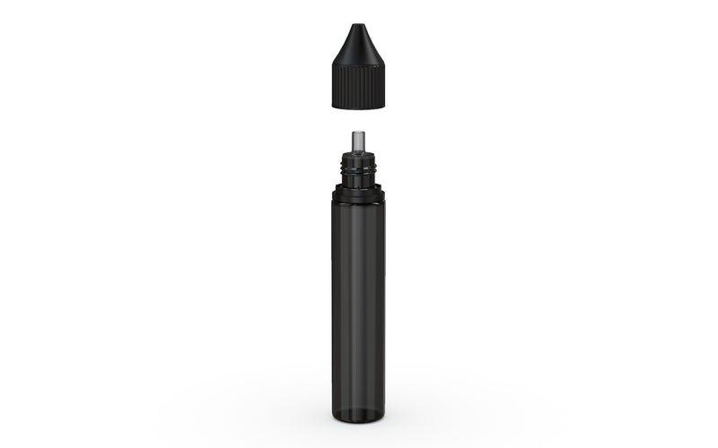 Chubby Gorilla Unicorn 30ml bottle with Reducer Tip, translucent black with opaque black cap, side view