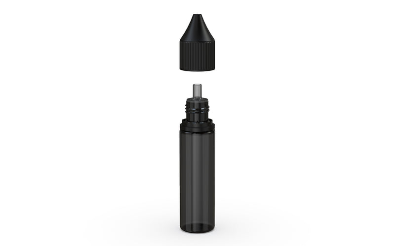 Chubby Gorilla Unicorn 20ml bottle with Reducer Tip, translucent black with opaque black cap, side view