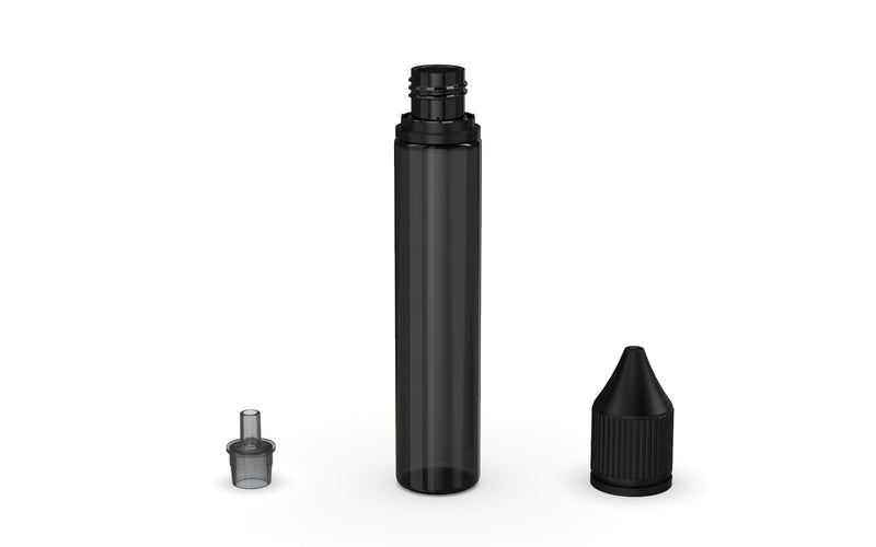 Chubby Gorilla Unicorn 30ml bottle with Reducer Tip, translucent black with opaque black cap, reducer tip detail
