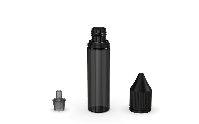 Chubby Gorilla Unicorn 20ml bottle with Reducer Tip, translucent black with opaque black cap, reducer tip detail