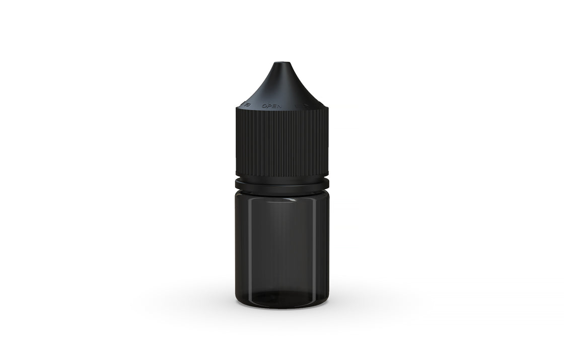 Chubby Gorilla Unicorn 20ml Stubby bottle, translucent black with opaque black cap, front view