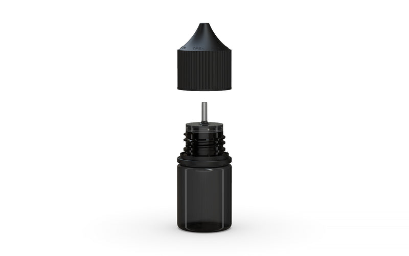 Chubby Gorilla Unicorn 20ml Stubby bottle, translucent black with opaque black cap, side view