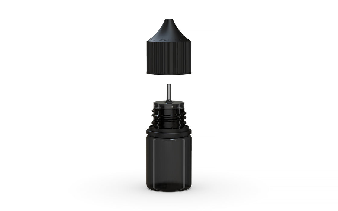 Chubby Gorilla Unicorn 20ml Stubby bottle, translucent black with opaque black cap, side view