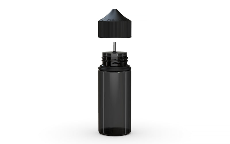 Chubby Gorilla Unicorn 75ml Mini bottle, translucent black with opaque black cap, side view
