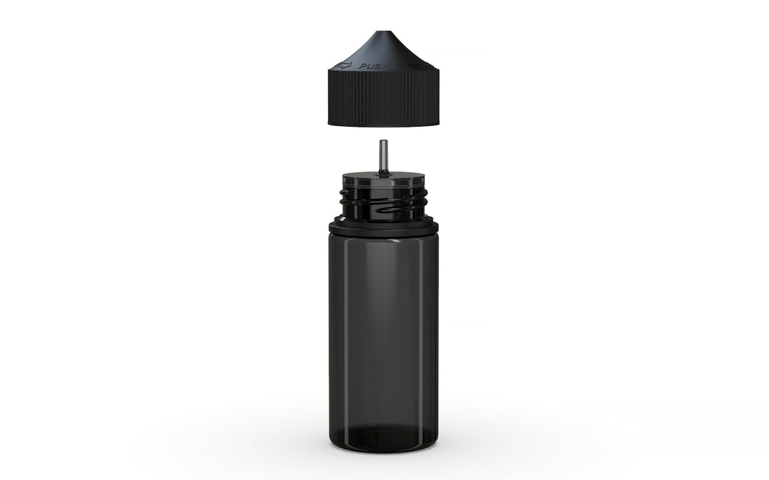 Chubby Gorilla Unicorn 75ml Mini bottle, translucent black with opaque black cap, side view