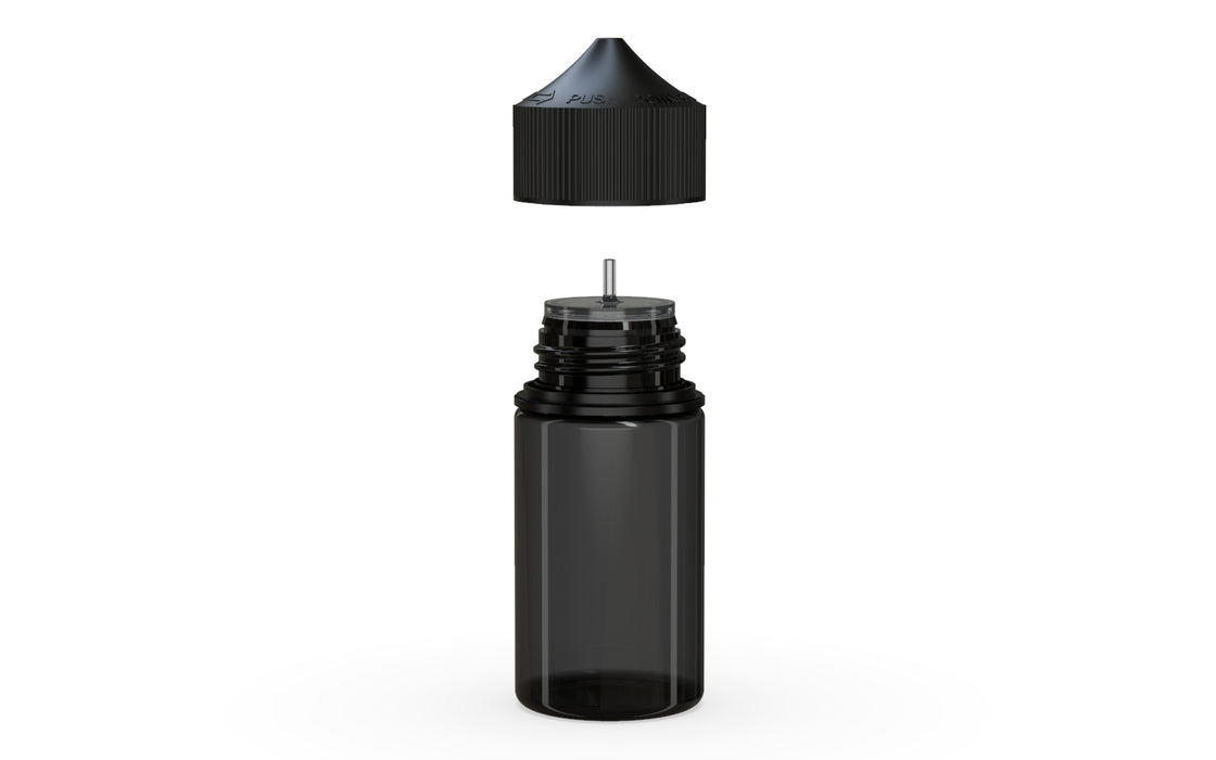 Chubby Gorilla Unicorn 60ml Mini bottle, translucent black with opaque black cap, side view
