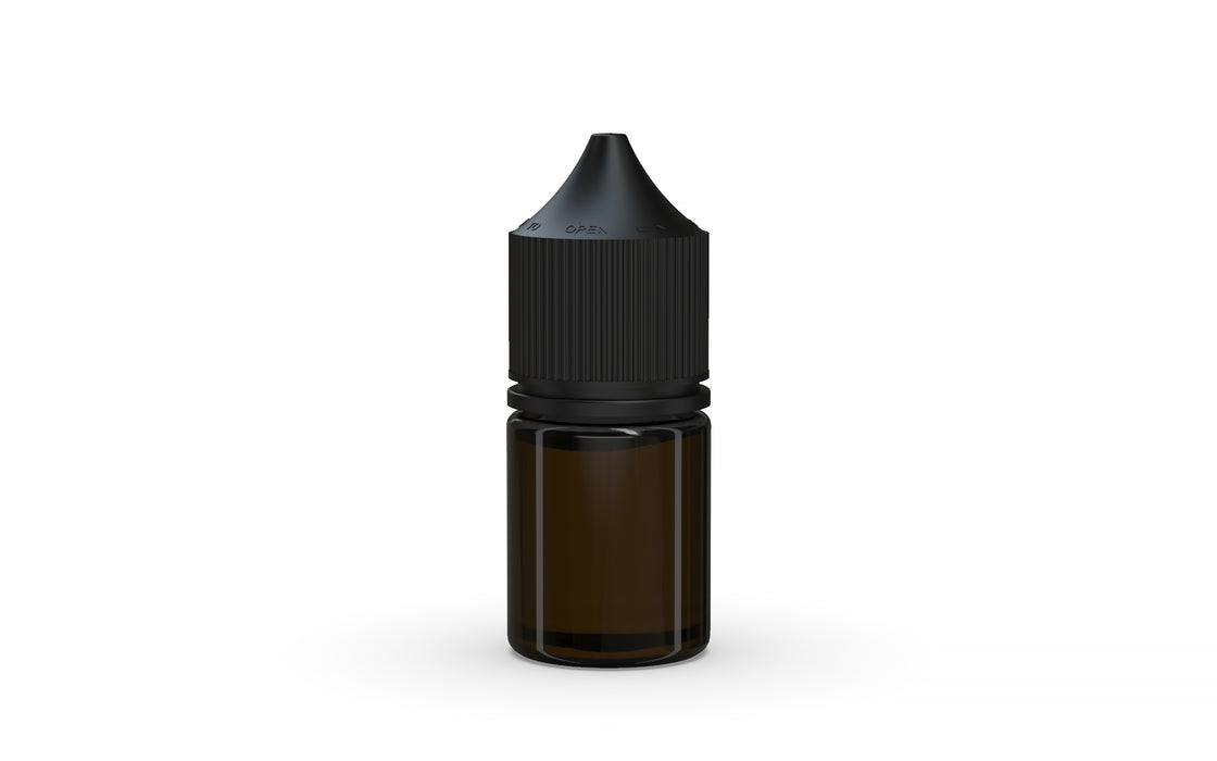 Chubby Gorilla Unicorn 20ml Stubby bottle, translucent black with opaque black cap, cap detail