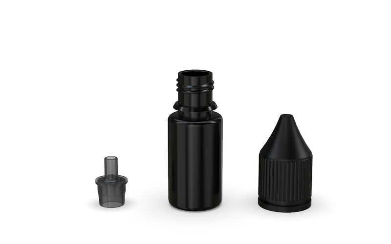 Chubby Gorilla Unicorn 10ml bottle with Reducer Tip, solid opaque black, reducer tip detail