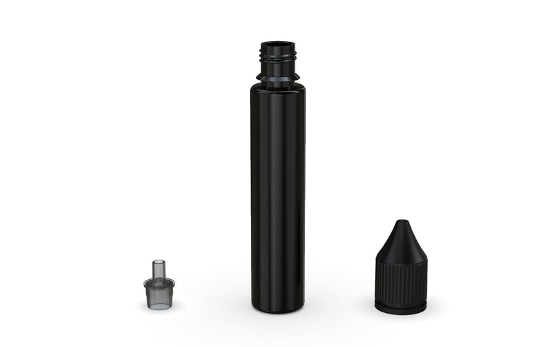 Chubby Gorilla Unicorn 30ml bottle with Reducer Tip, solid opaque black, reducer tip detail