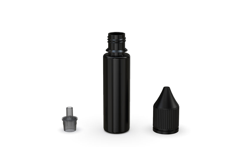 Chubby Gorilla Unicorn 20ml bottle with Reducer Tip, solid opaque black, reducer tip detail