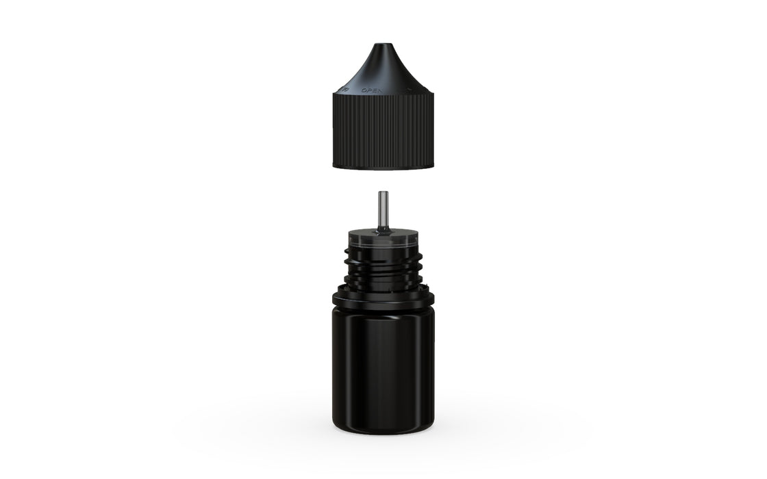 Chubby Gorilla Unicorn 20ml Stubby bottle, solid opaque black, side view