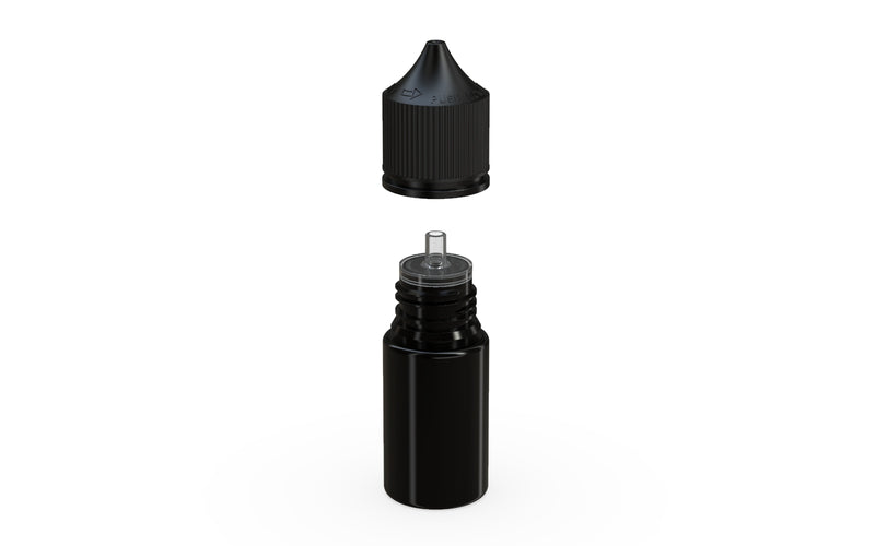 Chubby Gorilla Unicorn 30ml Stubby bottle with Reducer Tip, solid opaque black, side view