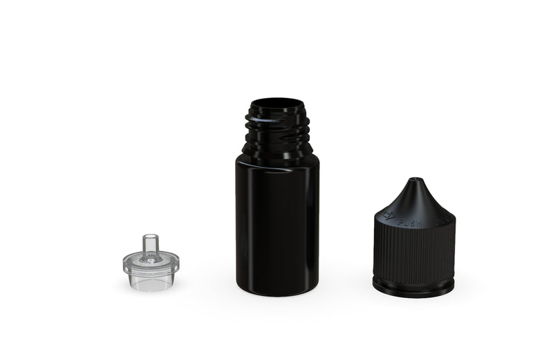 Chubby Gorilla Unicorn 30ml Stubby bottle with Reducer Tip, solid opaque black, reducer tip detail