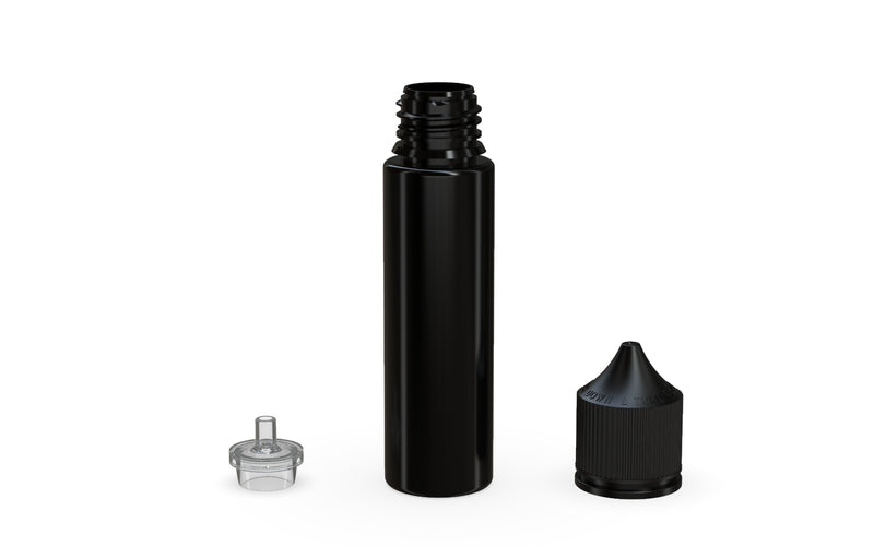 Chubby Gorilla Unicorn 60ml bottle with Reducer Tip, solid opaque black, reducer tip detail