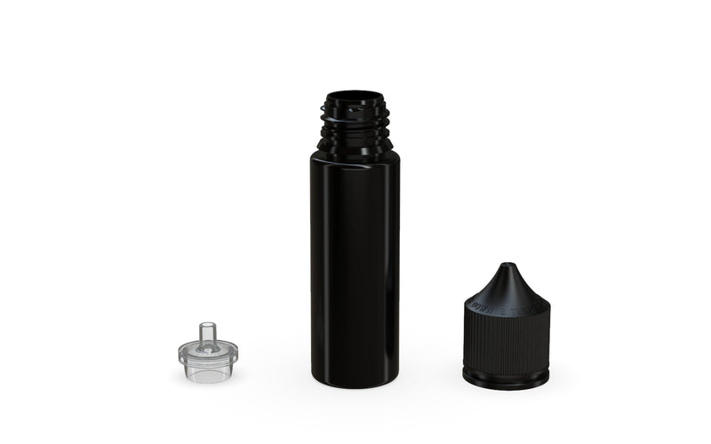 Chubby Gorilla Unicorn 50ml bottle with Reducer Tip, solid opaque black, reducer tip detail