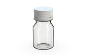 Spiral CR Shot Bottle 30ml Clear Natural with Opaque White Cap, side view