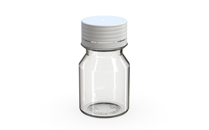 Spiral CR Shot Bottle 30ml Clear Natural with Opaque White Cap, side view